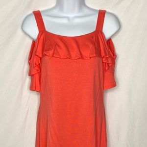 WHBM RUFFLE SHORT SLEEVE COLD SHOULDER TOP CORAL
